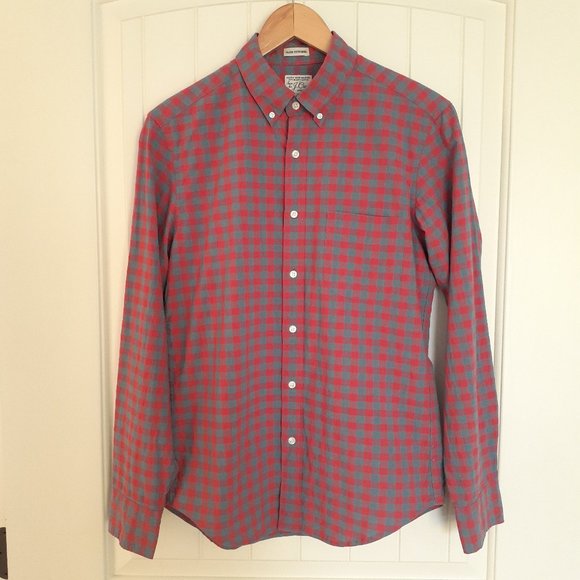 J. Crew Slim Untucked Organic Cotton Check Plaid Button Down Red Blue Size S - Picture 1 of 10